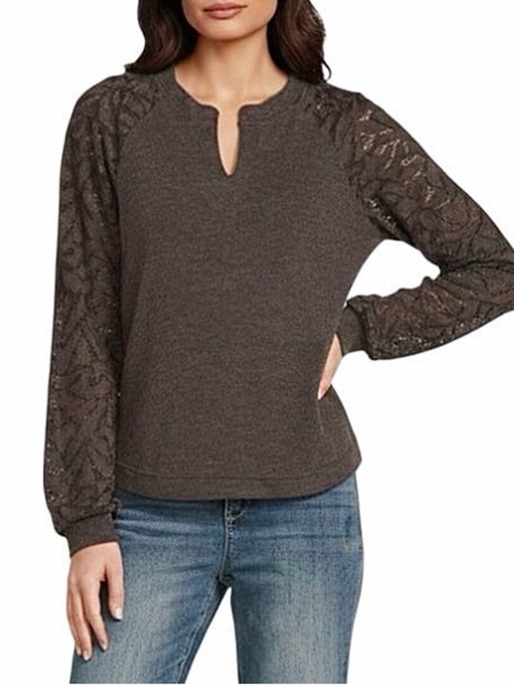 Democracy XL Heather Espresso Mixed Media Lace Sleeve Top NWT